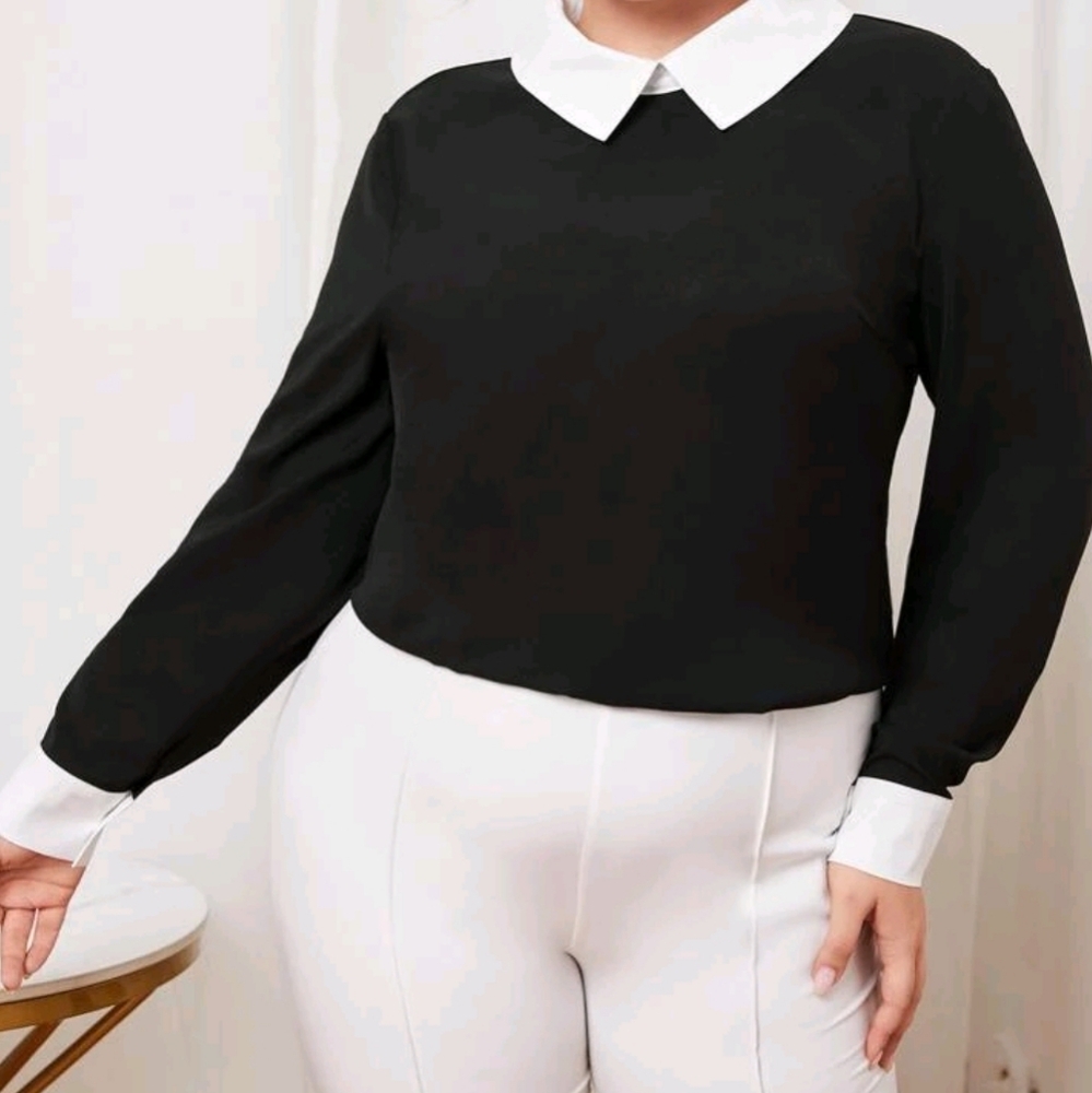 SHEIN Plus Size 3X Black Contrast Collar Buttoned Keyhole Blouse Top